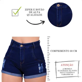 Shorts jeans cintura alta feminino com lycra e barra dobrada - Azul Escuro