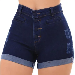 Shorts feminino jeans cintura alta com elastano, barra dobrada - Azul Escuro