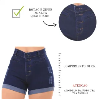 Shorts feminino jeans cintura alta com elastano, barra dobrada - Azul Escuro