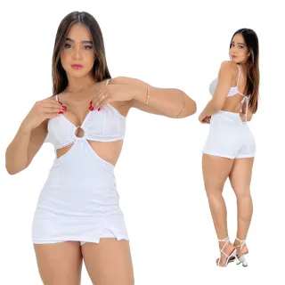 Short saia canelado com argola: Macaquinho