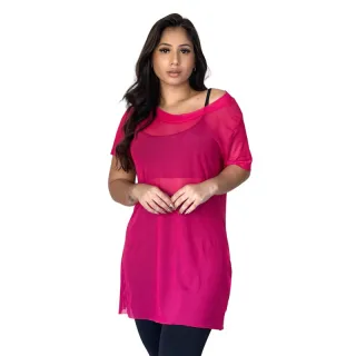Regata Manga Curta Transparente Blusa Fitness Tule Academia - Rosa