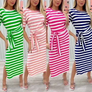 Vestido Longo Animal Print Feminino Midi - Estampado Onça Liso - - Lima c/ Lilas 2