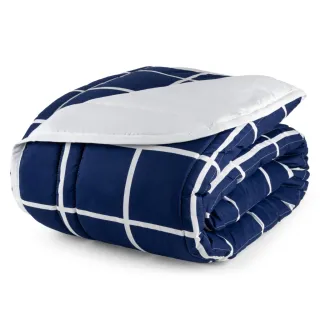 Edredom Dupla Face Queen Casal 01 Peça Toque Macio Micropercal 200 Fios - AZUL GRID