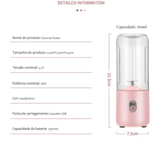 Copo Liquidificador Portátil Mini 500ml - Espremedor Elétrico 6 Facas - Branco