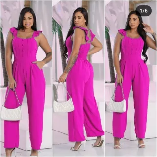 Macacão frente pinsado tecido duna longo - Fuccia