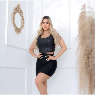 Regata Cropped Feminino Couro Fake Preto - Blusa Top Retro Corset - Verde Militar