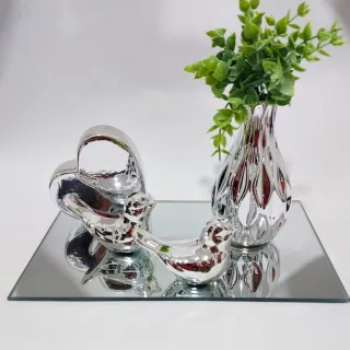 Kit decoração coração vaso planta casal de pássaros dourado prata - Dourado