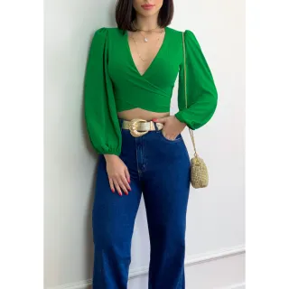Blusa Elegante Manga Comprida Bufante Amarração Multiformas - Verde Bandeira