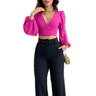 Blusa Elegante Manga Comprida Bufante Amarração Multiformas - Verde Bandeira