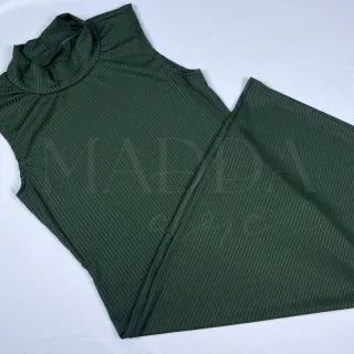 Vestido Tubinho Malha Canelada Midi Gola Alta com Fenda Lateral - Verde Militar