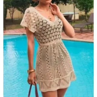 Moda Praia Vestido Curto Trabalhado Decote Piscina - Preto