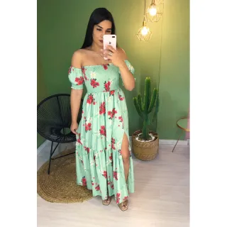 Floral longo ciganinha lastex - Vestido ombro a ombro com fenda - Xadrez 49