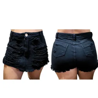 Moda Feminina Short Jeans Destroyed HotPants - Preto