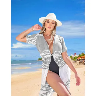 Zig Zag Verão Tricot Kimono Longo Saída de Praia - Branco e preto