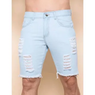 Promoção Bermuda Masculina Jeans Premium com Lycra - Bermuda clara rasgada
