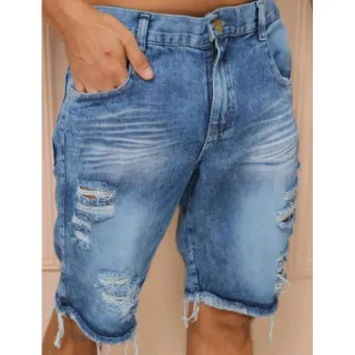Promoção Bermuda Masculina Jeans Premium com Lycra - Bermuda clara rasgada