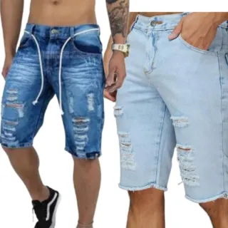 Promoção Bermuda Masculina Jeans Premium com Lycra - Bermuda clara rasgada
