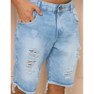 Promoção Bermuda Masculina Jeans Premium com Lycra - Bermuda clara rasgada