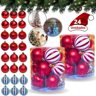 Bolas de Natal Kit com 12 ou 24 Enfeites Pendentes Vermelhos, Dourados e Prateados - DOURADA