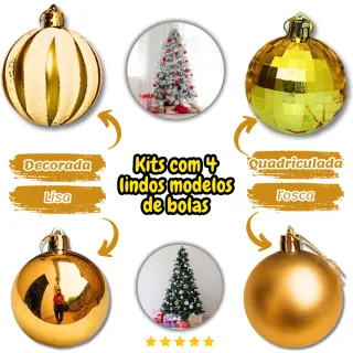 Bolas de Natal Kit com 12 ou 24 Enfeites Pendentes Vermelhos, Dourados e Prateados - DOURADA