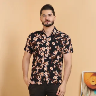 Moda Atual Masculina: Camisa Social Floral Havaiano Casual - Preto