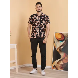Moda Atual Masculina: Camisa Social Floral Havaiano Casual - Preto