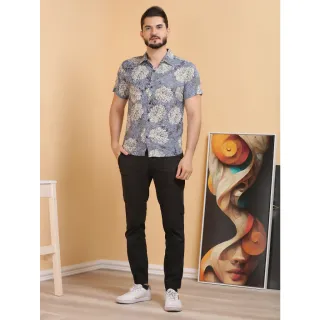 Camisa floral masculina slim fit com botões - Raryel - Preto