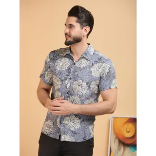 Camisa floral masculina slim fit com botões - Raryel - Preto