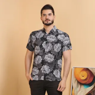 Camisa floral masculina slim fit com botões - Raryel - Preto