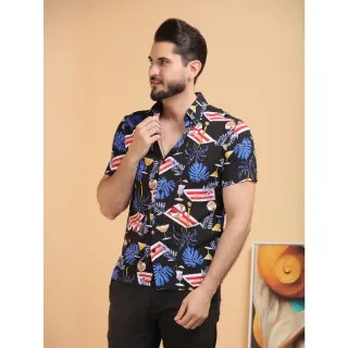 Camisa Barata Preta Chique Floral Manga Curta - Preto