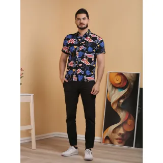 Camisa Barata Preta Chique Floral Manga Curta - Preto