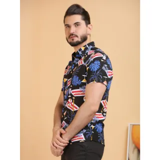 Camisa Barata Preta Chique Floral Manga Curta - Preto