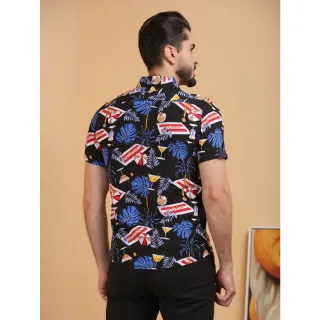 Camisa Barata Preta Chique Floral Manga Curta - Preto