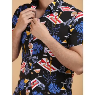 Camisa Barata Preta Chique Floral Manga Curta - Preto