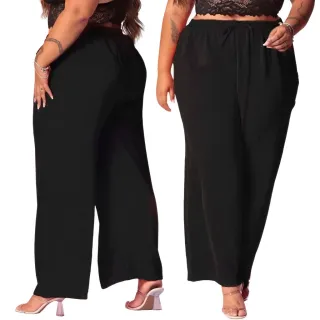 Calça Plus Size Feminina Pantalona com Elástico na Cintura e Bolso - Tecido Duna - Verde