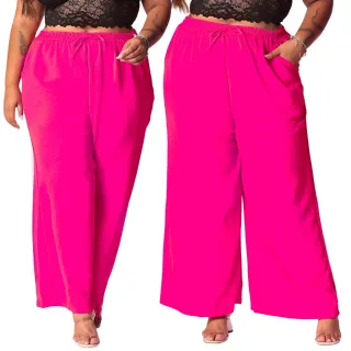 Calça Plus Size Feminina Pantalona com Elástico na Cintura e Bolso - Tecido Duna - Verde