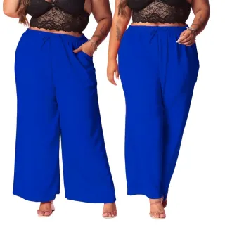 Calça Plus Size Feminina Pantalona com Elástico na Cintura e Bolso - Tecido Duna - Verde