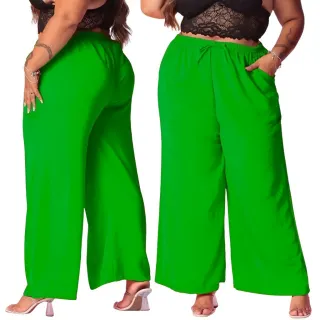 Calça Plus Size Feminina Pantalona com Elástico na Cintura e Bolso - Tecido Duna - Verde