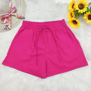 Shorts de linho feminino com cintura alta, barra e bolso - Verão - Pink