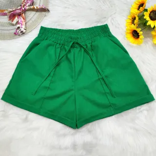 Shorts de linho feminino com cintura alta, barra e bolso - Verão - Pink