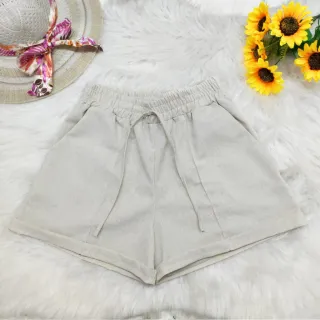 Shorts de linho feminino com cintura alta, barra e bolso - Verão - Pink