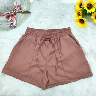 Shorts de linho feminino com cintura alta, barra e bolso - Verão - Pink