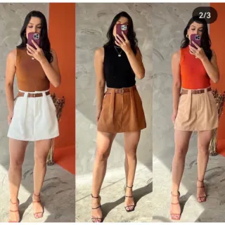 Novidade moda verão: Shorts alfaiataria feminino saia - Bege Escuro