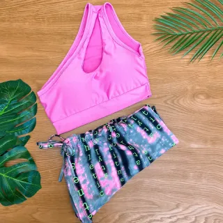 Conjunto Fitness Feminino Estampado - Cropped Top com Bojo e Short de Cordinha Regulagem - Estampa 2