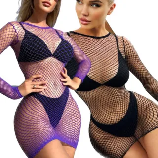 Manga Longa Sensual Vestido Tubinho Arrastao Lingerie Feminino - Preto