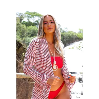 Sobretudo Maxi Flare Longo Kimono Feminino Praia - Off com Caramelo