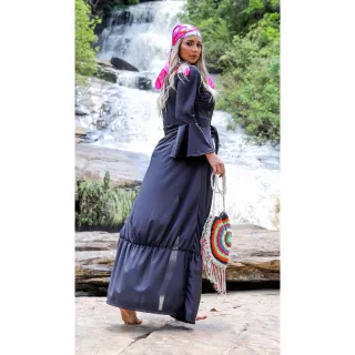 Manga Flare Barra Babado Plissado Amarrar Saida Praia Longa - Preto