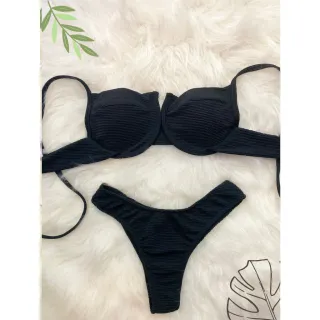 Moda Verão Biquíni Feminino Canelado Meia Taça com Aro e Bojo - Branco