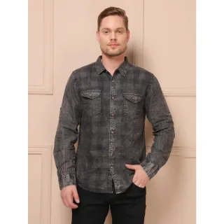 Camisa xadrez jeans masculina manga longa com bolso social - Lavagem Media