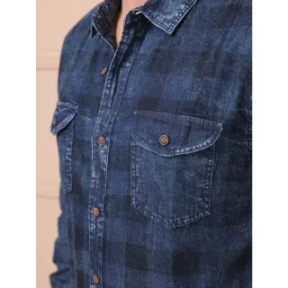 Camisa xadrez jeans masculina manga longa com bolso social - Lavagem Media